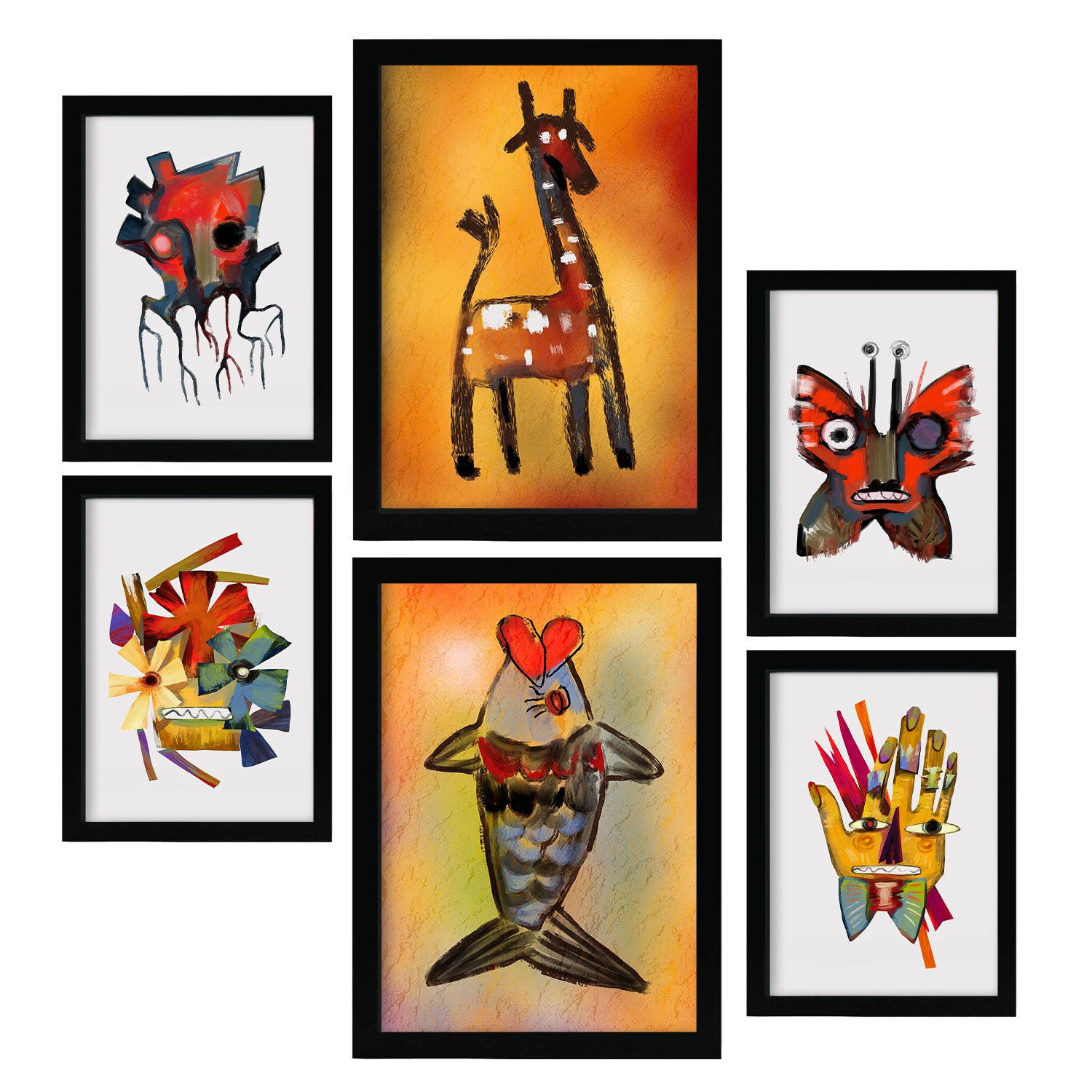 POSTER Set Mit 6 Auffällt 3 In Tiere Zusammenfassungen A3 & A4 Schwarzer Rahmen - Schwarz, Papier (29/3cm) - Nacnic