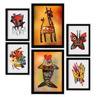 POSTER Set Mit 6 Auffällt 3 In Tiere Zusammenfassungen A3 & A4 Schwarzer Rahmen - Schwarz, Papier (29/3cm) - Nacnic