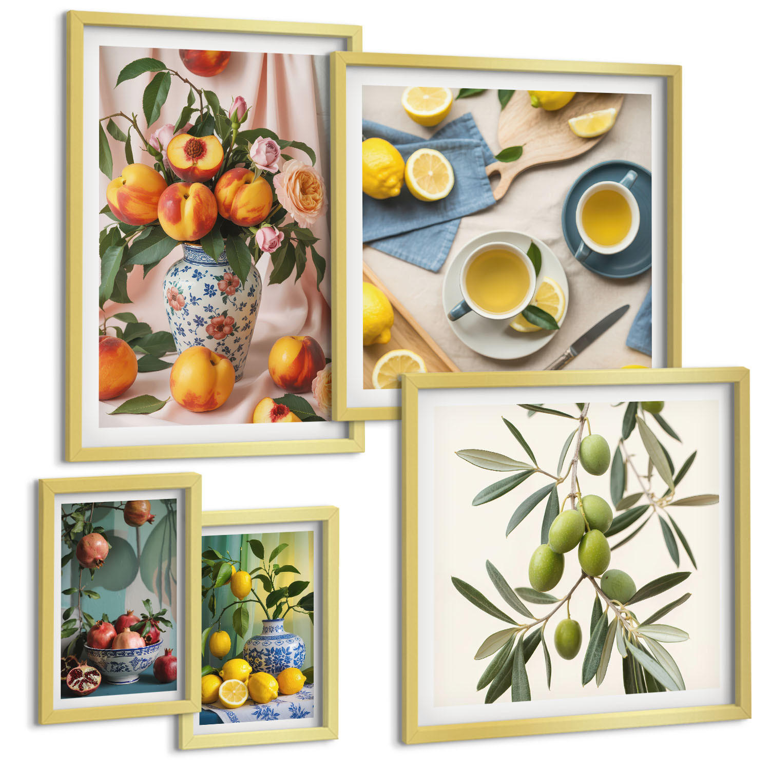 BILDER SET 5er Set - 50x50 cm & 20x30 cm & 40x60 cm Goldrahmen - Fruchtzusammensetzungen - Goldfarben, Kunststoff (40/60cm) - TULUP