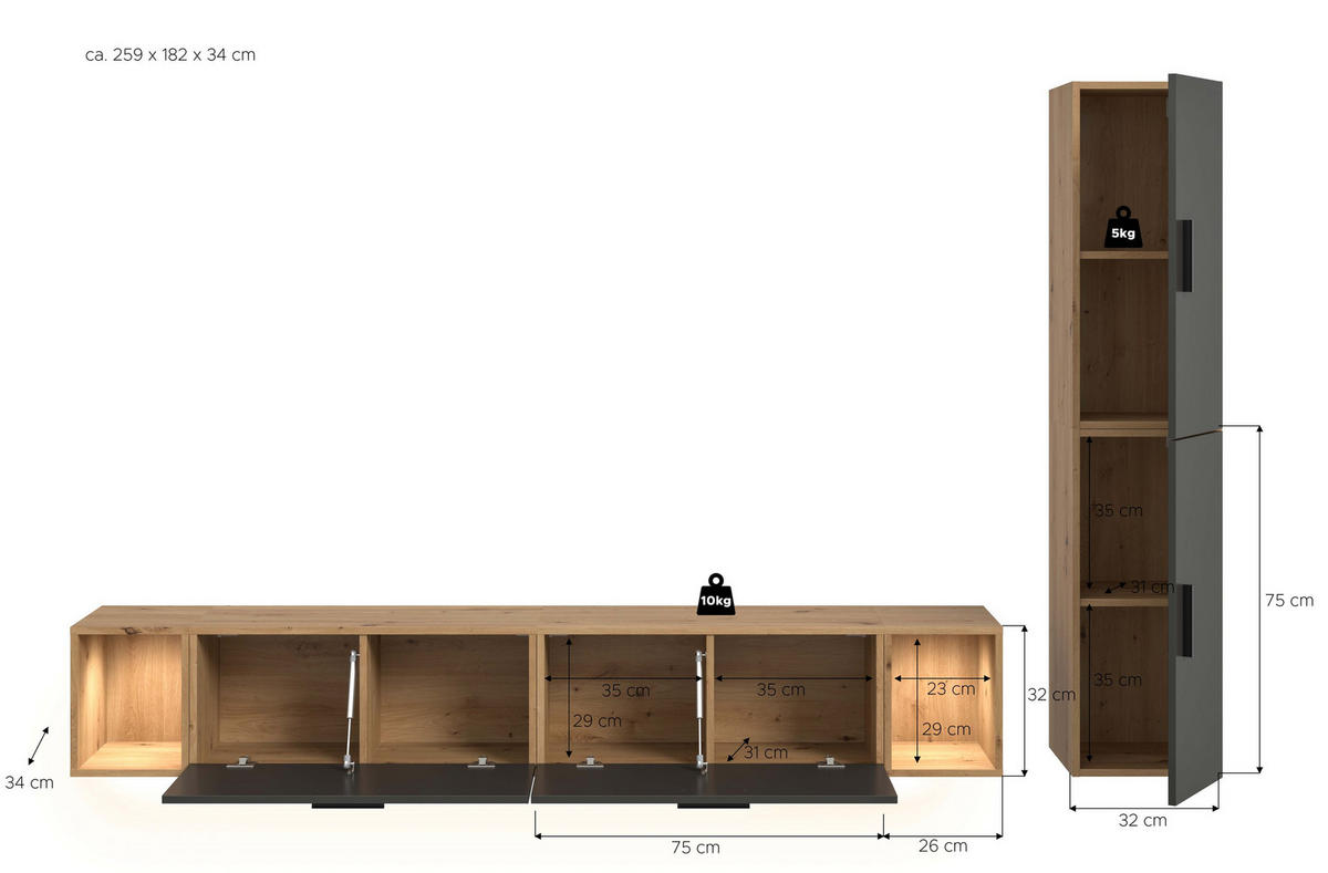 WOHNWAND inkl Beleuchtung Primo 4 tlg. (B/H/T: ca. 259/182/34 cm) in Artisan Oak /Basalt grau - Eiche Artisan, Holzwerkstoff (259/182/34cm)