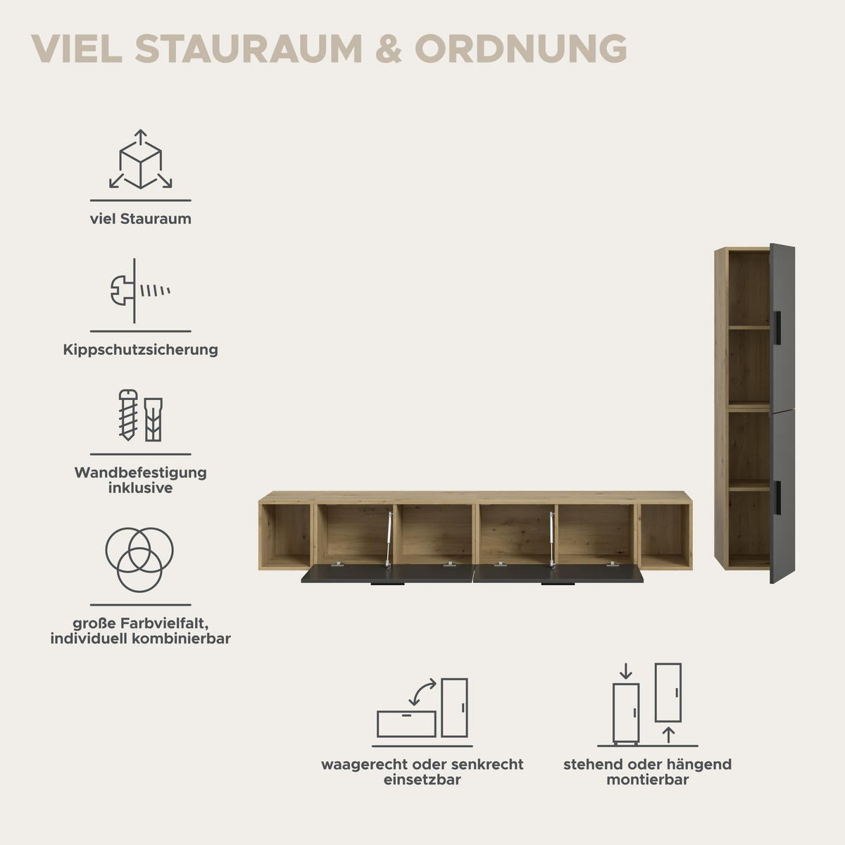 WOHNWAND The One Basalt grau 259/34/182 cm - Braun, Holzwerkstoff (259/182/34cm) - Xonox