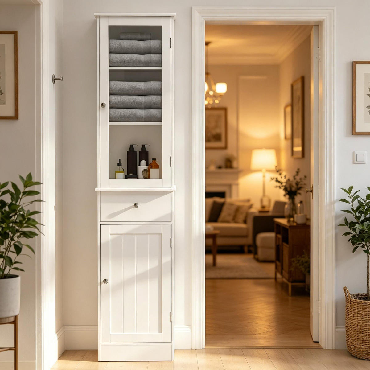HOCHSCHRANK Weiß mit Türen, Schublade und verstellbaren Einlegeböden 40/27/171,5 cm - Weiß, Holzwerkstoff (40/171.5/27cm) - PANGIVO
