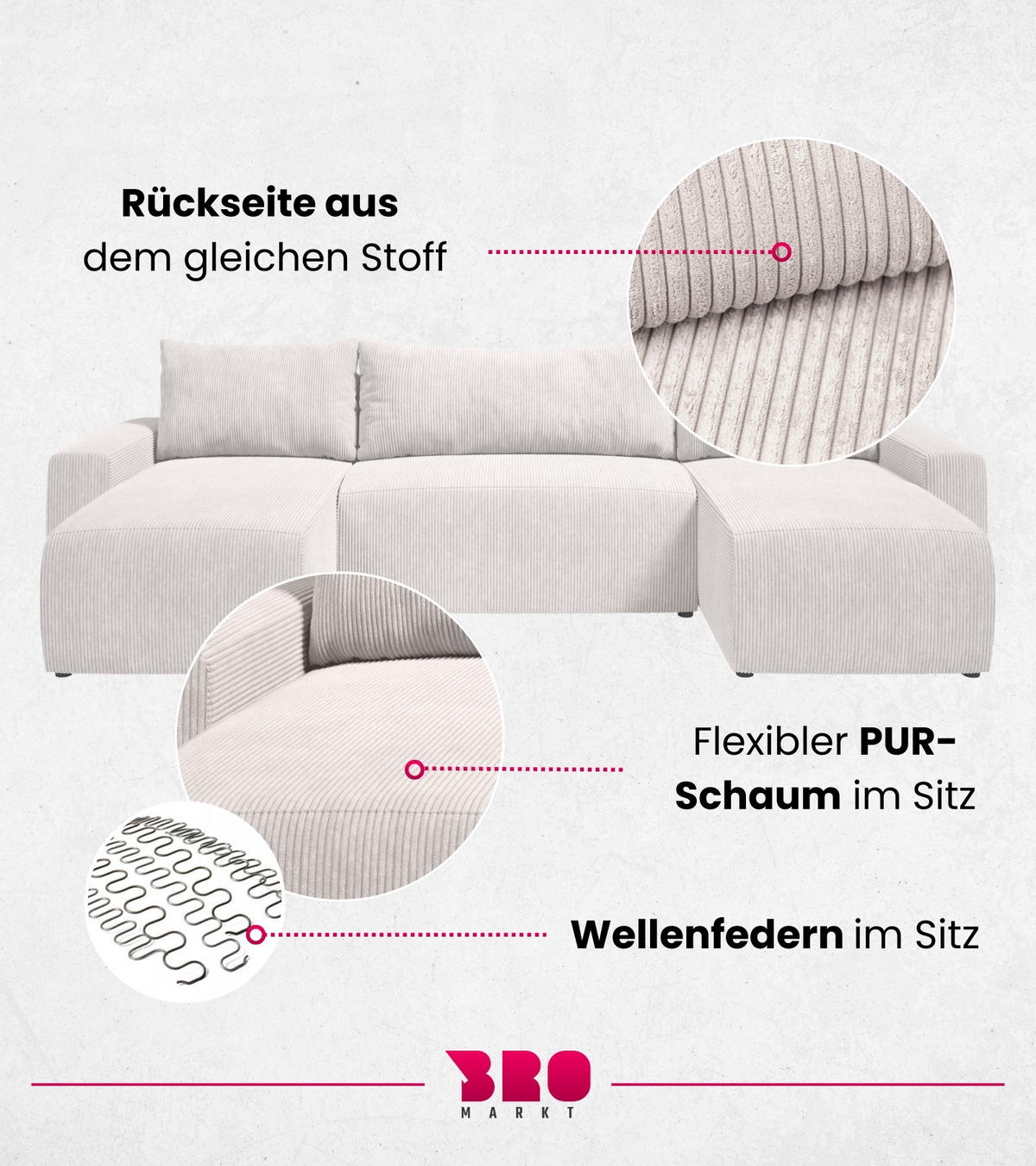 WOHNLANDSCHAFT Plush mit Schlaffunktion Weiß Cord - Creme, Kunststoff/Textil (315/72/145cm) - Bromarkt