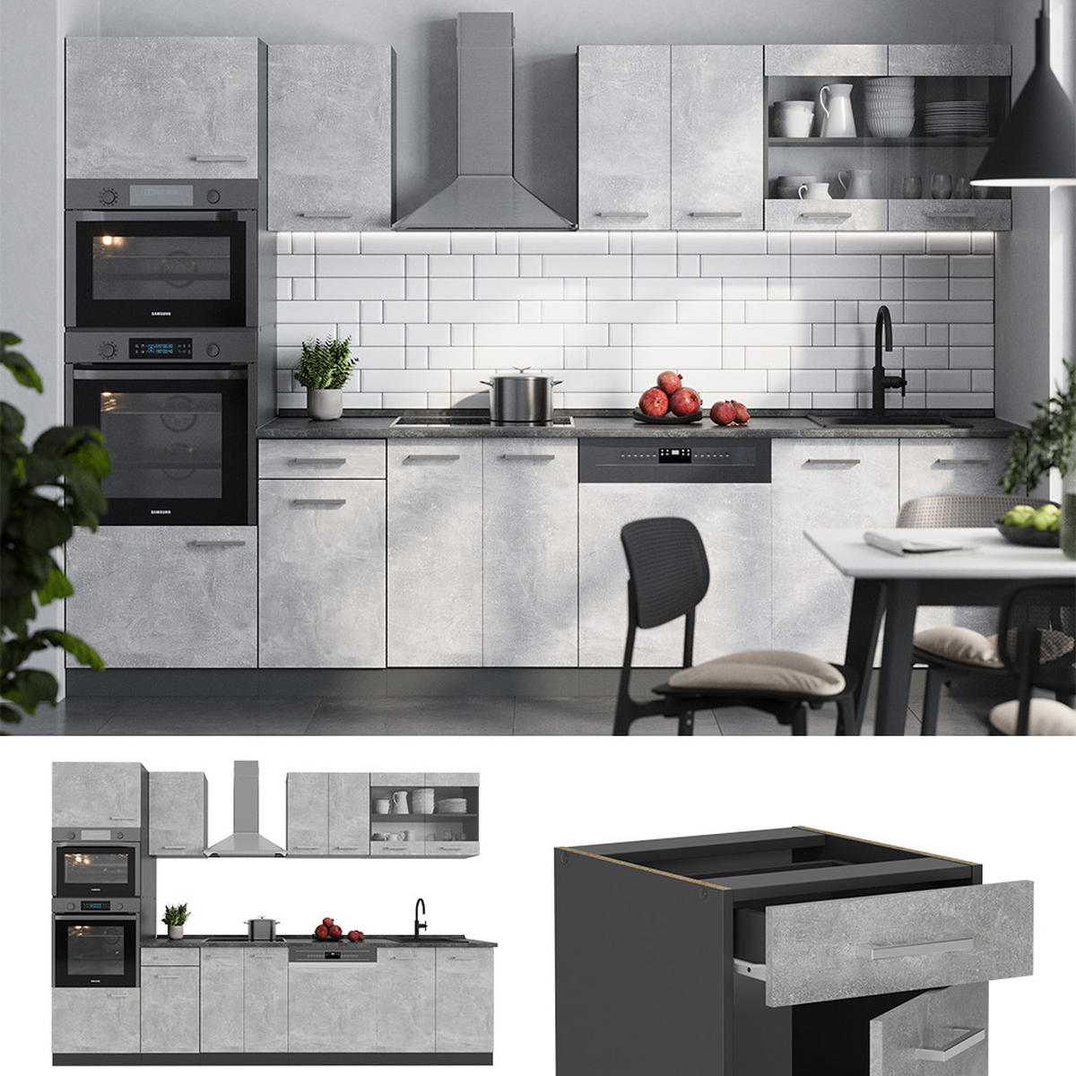 KÜCHENZEILE R-Line Beton/Anthrazit 300 cm mit Hochschrank, ohne Arbeitsplatte - Schieferfarben/Anthrazit, Holzwerkstoff (300/81.6/46cm) - Vicco