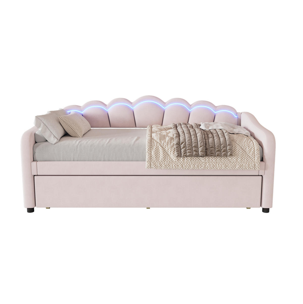 TAGESBETT 90/200 cm mit ausziehbarem Rollbett, LED-Beleuchtung und Samtbezug, Rosa - Rosa, Textil (90/200cm) - Redom