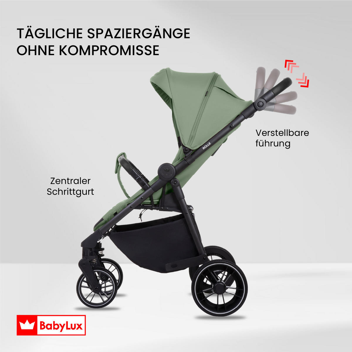 BUGGY Rolle, Klein und Leicht, Teleskopische Führung, Kompakt Faltbar, Wickeltasche, Reisetasche - Jadegrün/Schwarz, Textil/Metall (58/99cm) - BabyLux