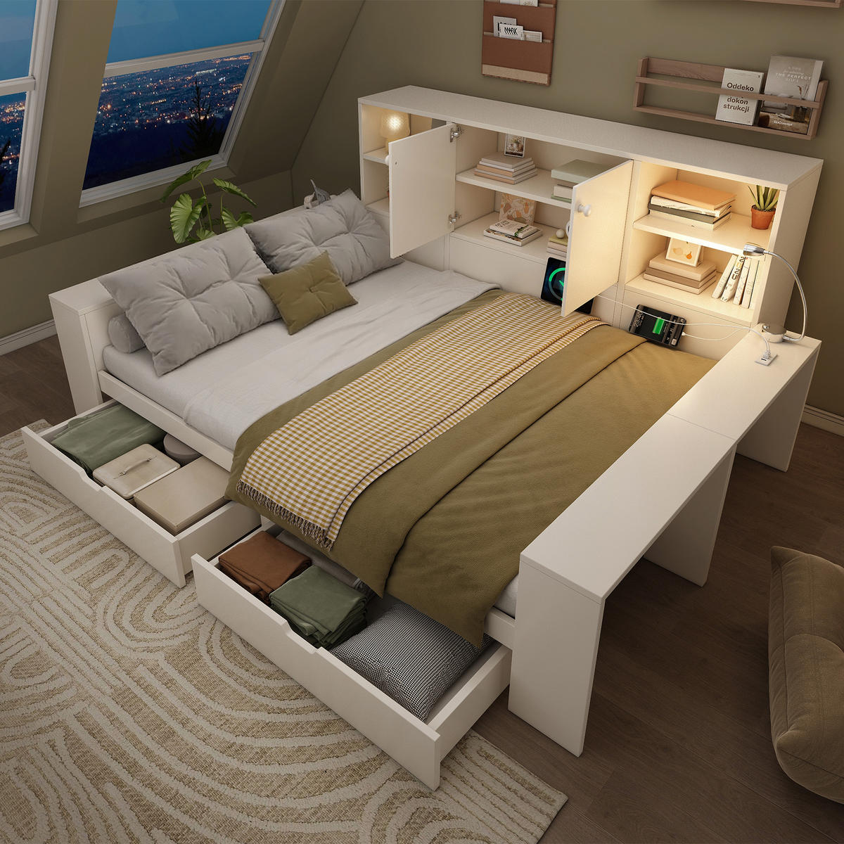BETT 140/200 cm in Weiß mit 2 Schubladen, Stauraum, USB, Type-C und Leselampe Holz Design - Weiß, Holzwerkstoff (140/200cm) - STILVORA