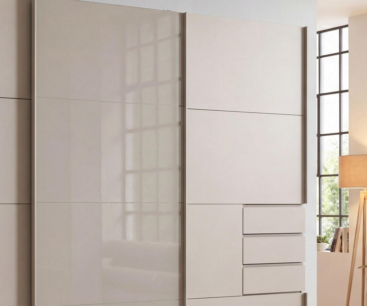 SKŘÍŇ S POSUVNÝMI DVEŘMI, 3dveřová, šířka 270 cm, výška 208 cm, hloubka 64 cm, béžovo-šedá, prostřední dveře skleněné, se zásuvkami / 22616 - béžová, kov/kompozitní dřevo (270/208/64cm) - luma-home