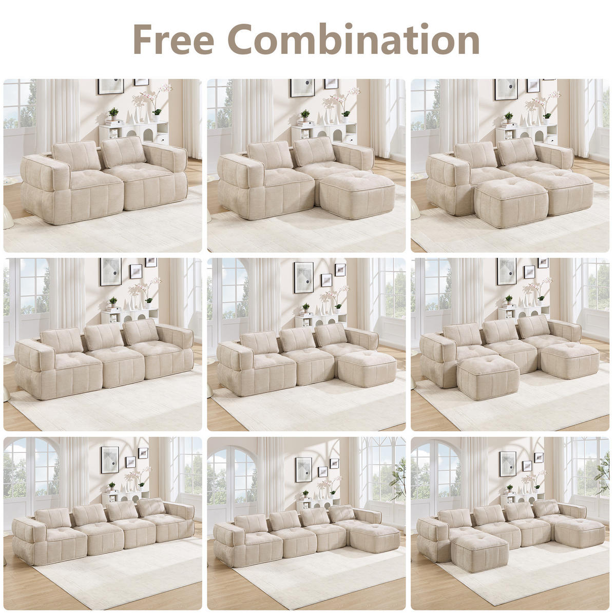WOHNLANDSCHAFT 344/162/67 cm in Beige aus Polyester mit Hockern - Beige, Kunststoff (162/67/344cm) - Flora Grace