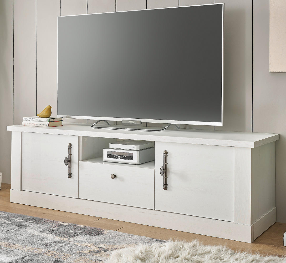 TV-LOWBOARD weiß Pinie Landhaus, TV Unterteil 155 cm, Soft-Close-Funktion - Weiß, Holzwerkstoff/Kunststoff (158/51/45cm) - Furn.Design