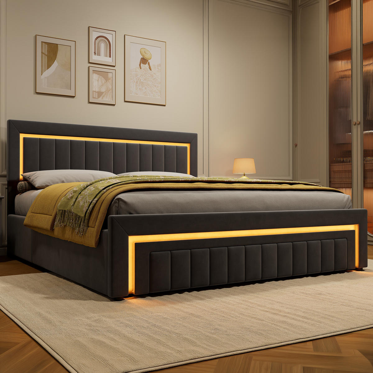 POLSTERBETT 180/200 cm in Grau, mit Bettkasten und Schubladen , mit LED, ohne Matratze - Grau, Holzwerkstoff/Textil (180/200cm) - WISHDOR