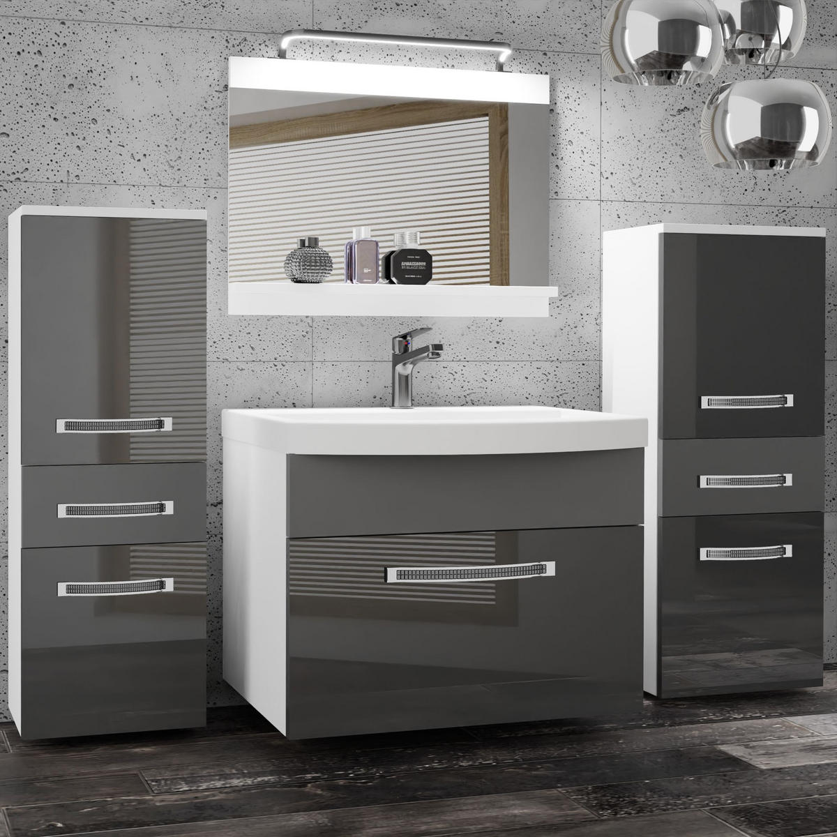 BADMÖBEL Badezimmer Grau Glänzend Matt - Silberfarben/Grau, Holz (140/81/40cm) - B BELINI GROUP