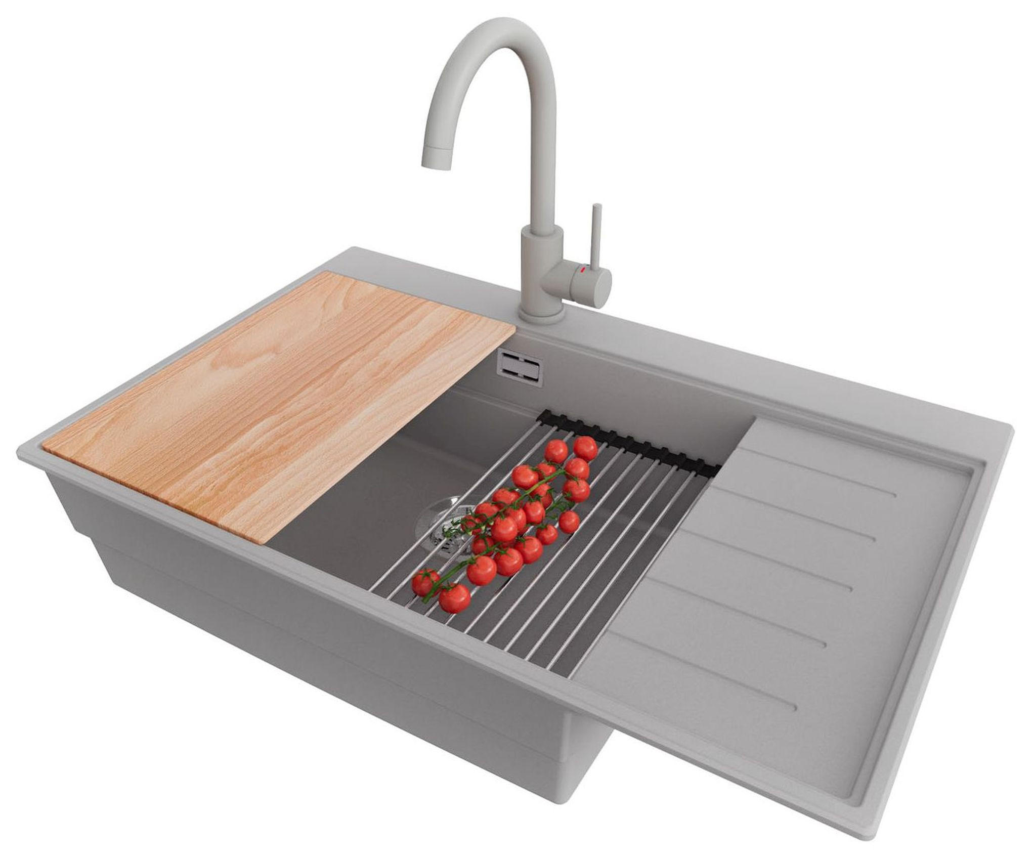 GRANITSPÜLE Sydney, 2-er set Grau 78/50 cm 1 Becken + Küchenarmatur 32/20 cm + Ablauf-Set + Küchenzubehörset ab 60er Unterschrank - Chromfarben/Beige, Kunststoff (78/20/50cm) - Primagran