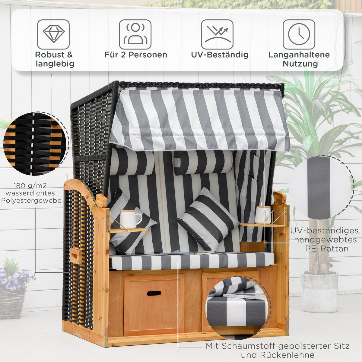 DOPPELTE Sonnenliege mit Dach 5-stufige Rückenlehne PE-Rattan Grau+Weiß 118 x 79 x 160 cm - Grau, Kunststoff (79/160/118cm) - Outsunny