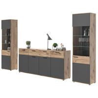 WOHNWAND Eiche, grau 3-teilig 344 cm, Schrankwand mit Soft-Close, Wohn- und Esszimmermöbel - Eichefarben/Schwarz, Holzwerkstoff/Kunststoff (344/200/40cm) - Inn.Furn