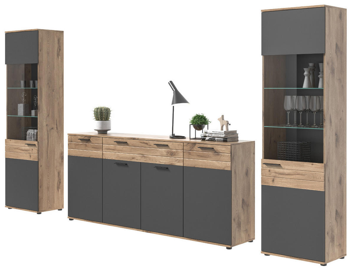 WOHNWAND Eiche, grau 3-teilig 344 cm, Schrankwand mit Soft-Close, Wohn- und Esszimmermöbel - Eichefarben/Schwarz, Holzwerkstoff/Kunststoff (344/200/40cm) - Inn.Furn