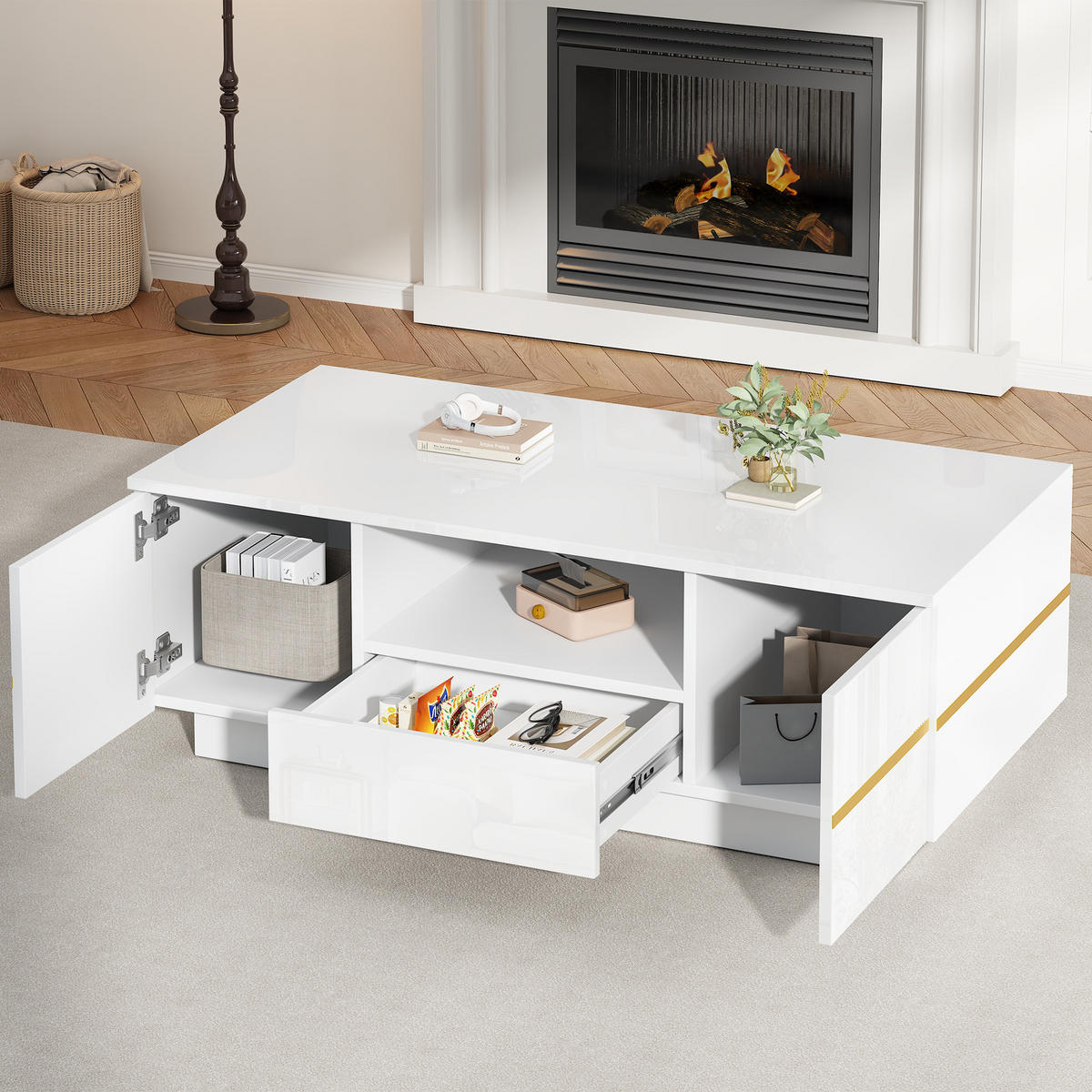 KLUB-STOLIĆ 100/50/35,5 cm s LED rasvjetom i prostor za pohranu u bijeloj boji - bijela, drvni materijal (50/100/35.5cm) - CHICFURN