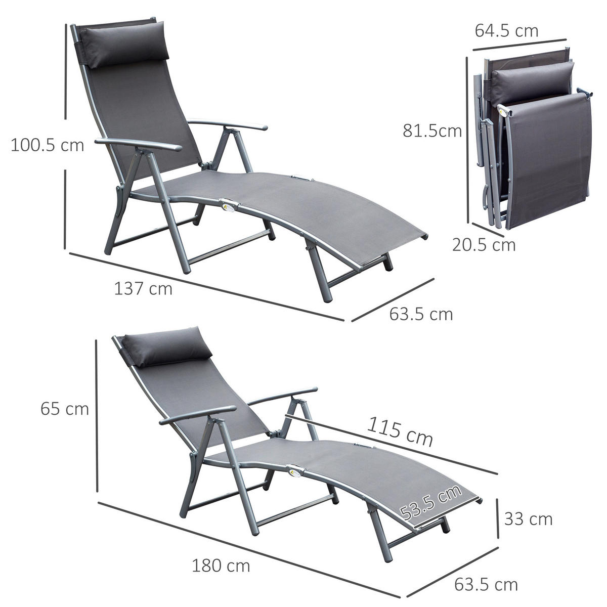SONNENLIEGE klappbar Strandliege mit Kissen 7-Fach verstellbare Rückenlehne Grau - Grau, Metall (63.5/100.5/137cm) - ComfortXL