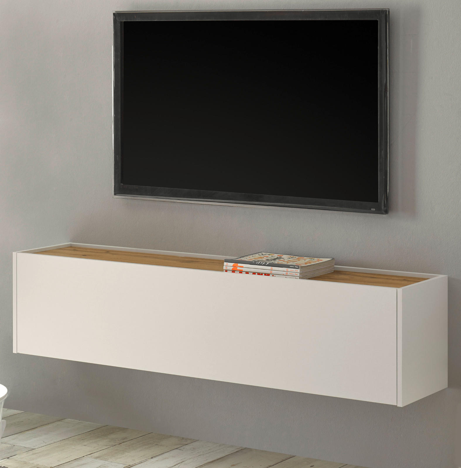 TV-LOWBOARD weiß, Eiche Wotan 150 cm, TV-Unterteil hängend - Eiche Wotan/Weiß, Holz/Holzwerkstoff (150/35/30cm) - Furn.Design