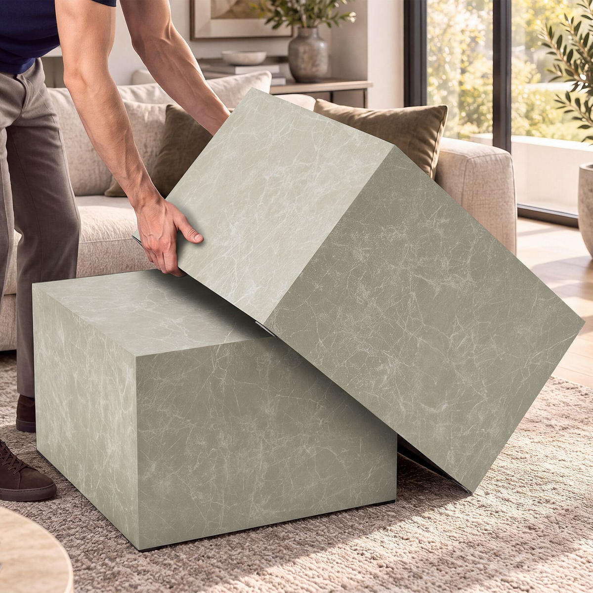 COUCHTISCH 2er Set Lacey, inkl. Filzschoner, Belastbarkeit 45 kg, Travertin Optik - Beige, Holz (60/60/40cm) - tectake