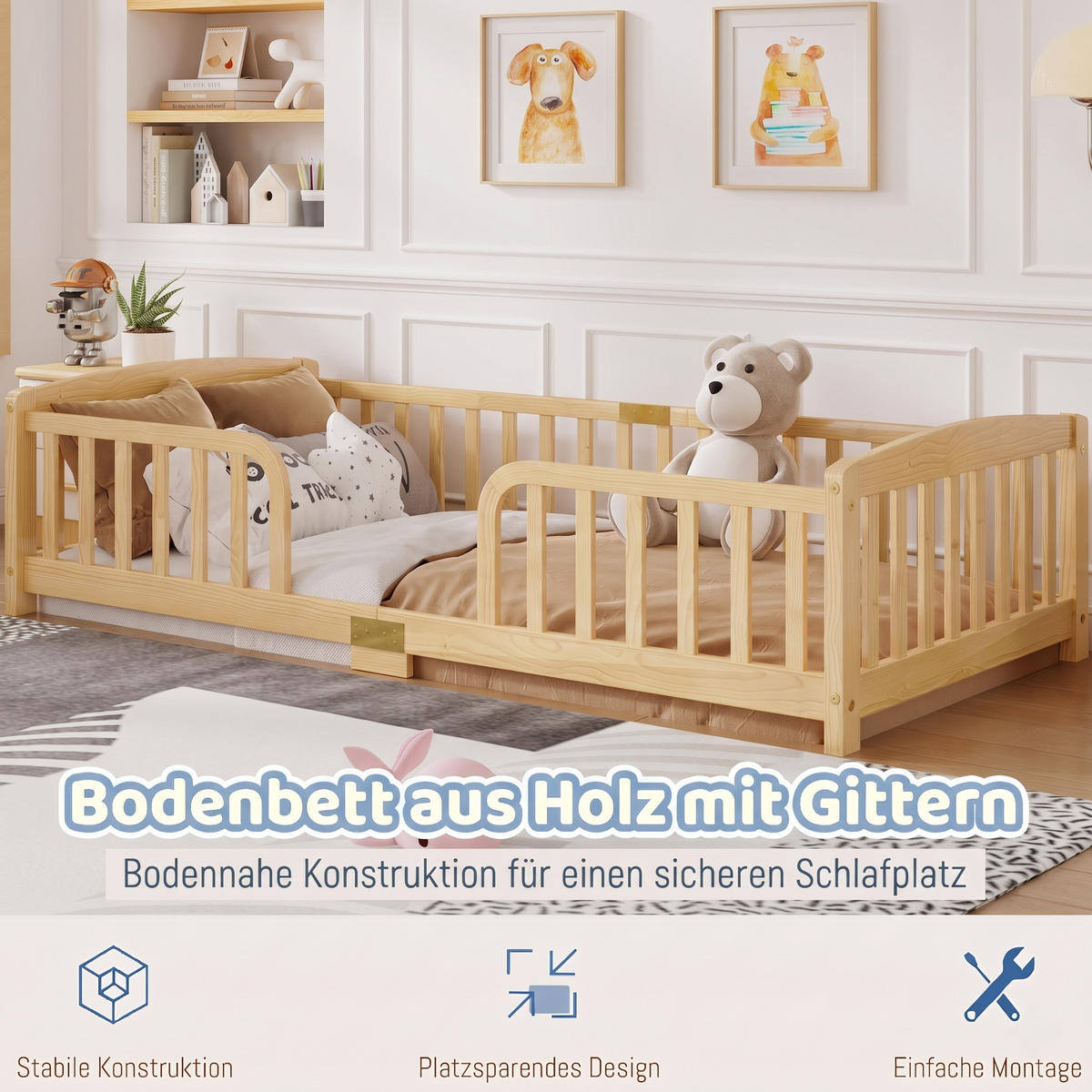 BODENBETT 90/200 cm DE-32892 mit Sicherheitsgeländer Naturholz - Naturfarben, Holz (90/200cm) - ComfortXL
