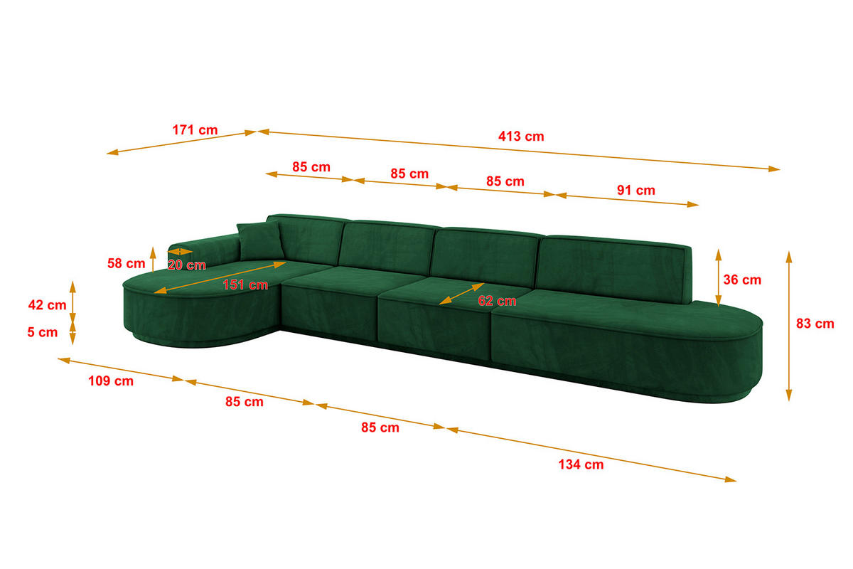 ECKSOFA Ottomane Links MARI-L3-v3 - 413x171x83 cm Dunkelgrün Velours - Dunkelgrün/Schwarz, Holzwerkstoff/Kunststoff (413/171cm) - ALTDECOR