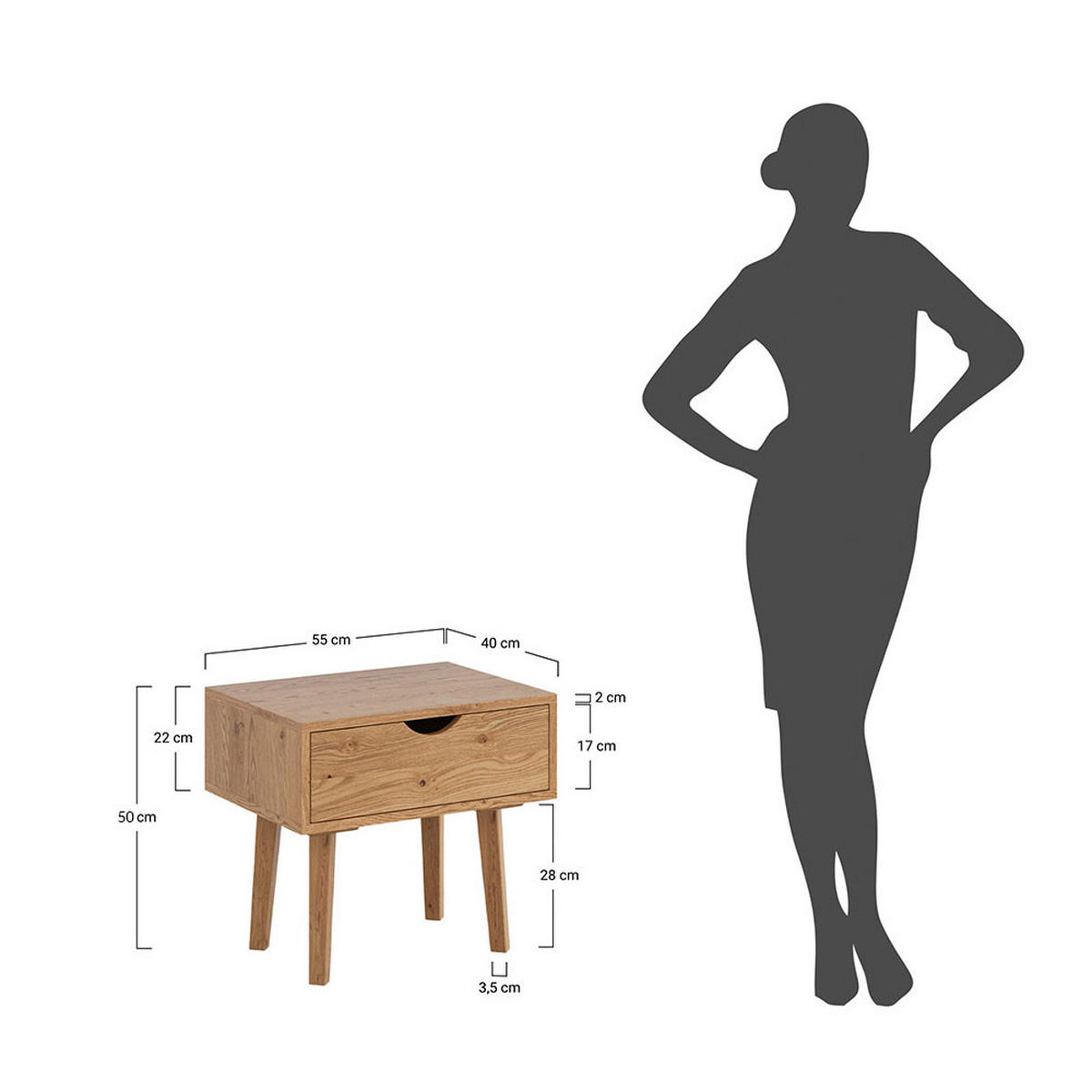 NACHTKONSOLE Simona Eiche Natur 55 / 40 / 50cm - Eichefarben, Holz (55/50/40cm) - Feldmann-Wohnen