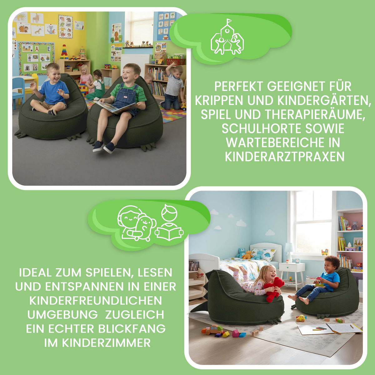 SITZSACK FÜR KINDER Dino 75/75/55 cm, weicher Bouclé 315 g/m², abnehmbarer Bezug, Forest Whisper - Dunkelgrün, Textil (75/55/75cm) - Dreamroots