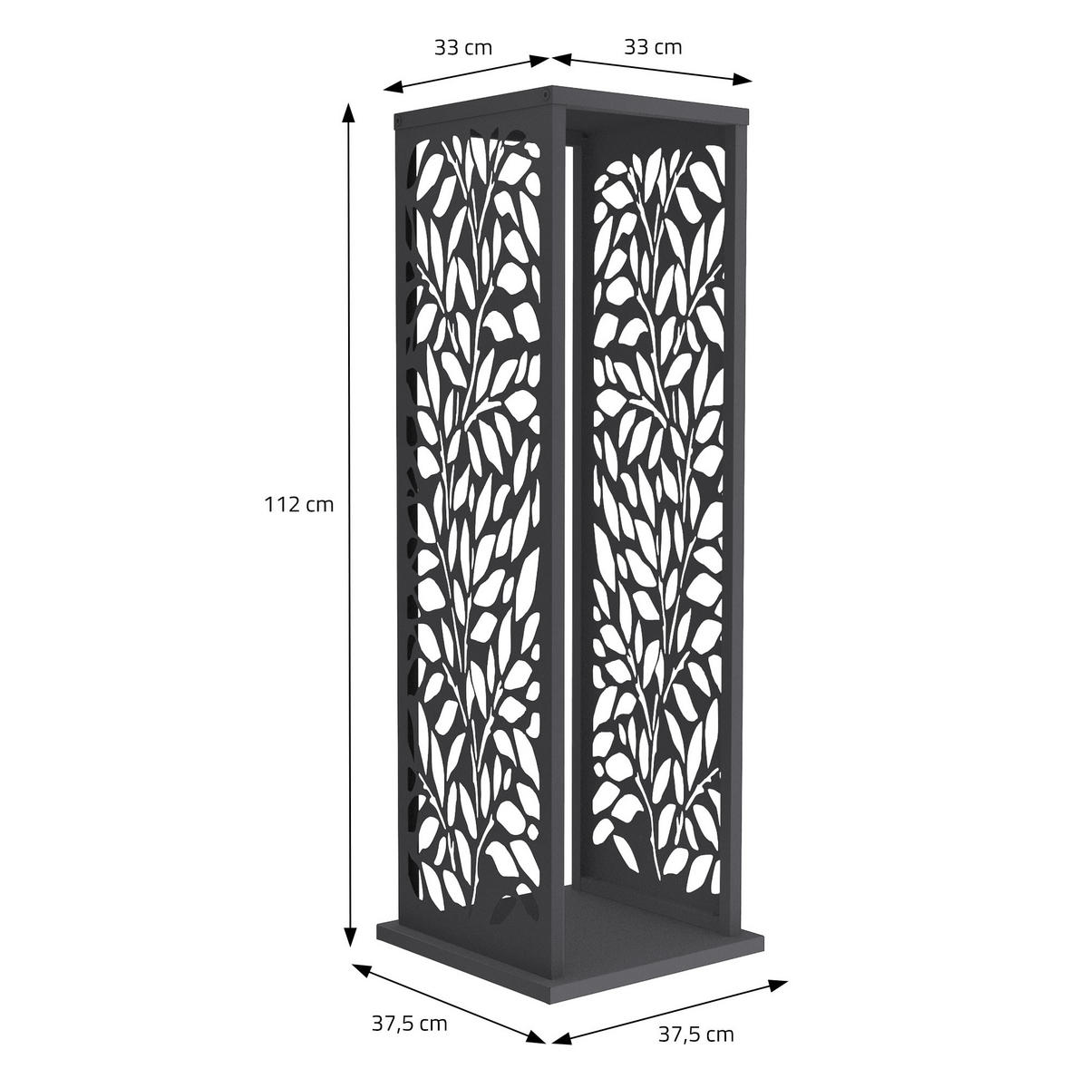 REGÁL NA DŘEVO Vnitřní i venkovní regál na dřevo 37,5 x 37,5 x 112 cm z pozinkované oceli v antracitové barvě s motivem listů - antracitová, kov (37.5/112/37.5cm) - ML-DESIGN