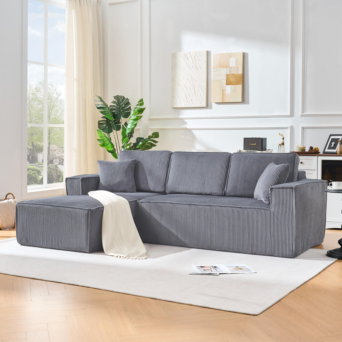 ECKSOFA Cord Grau mit 2 Kissen - Grau, Textil (235/128cm) - WISHDOR