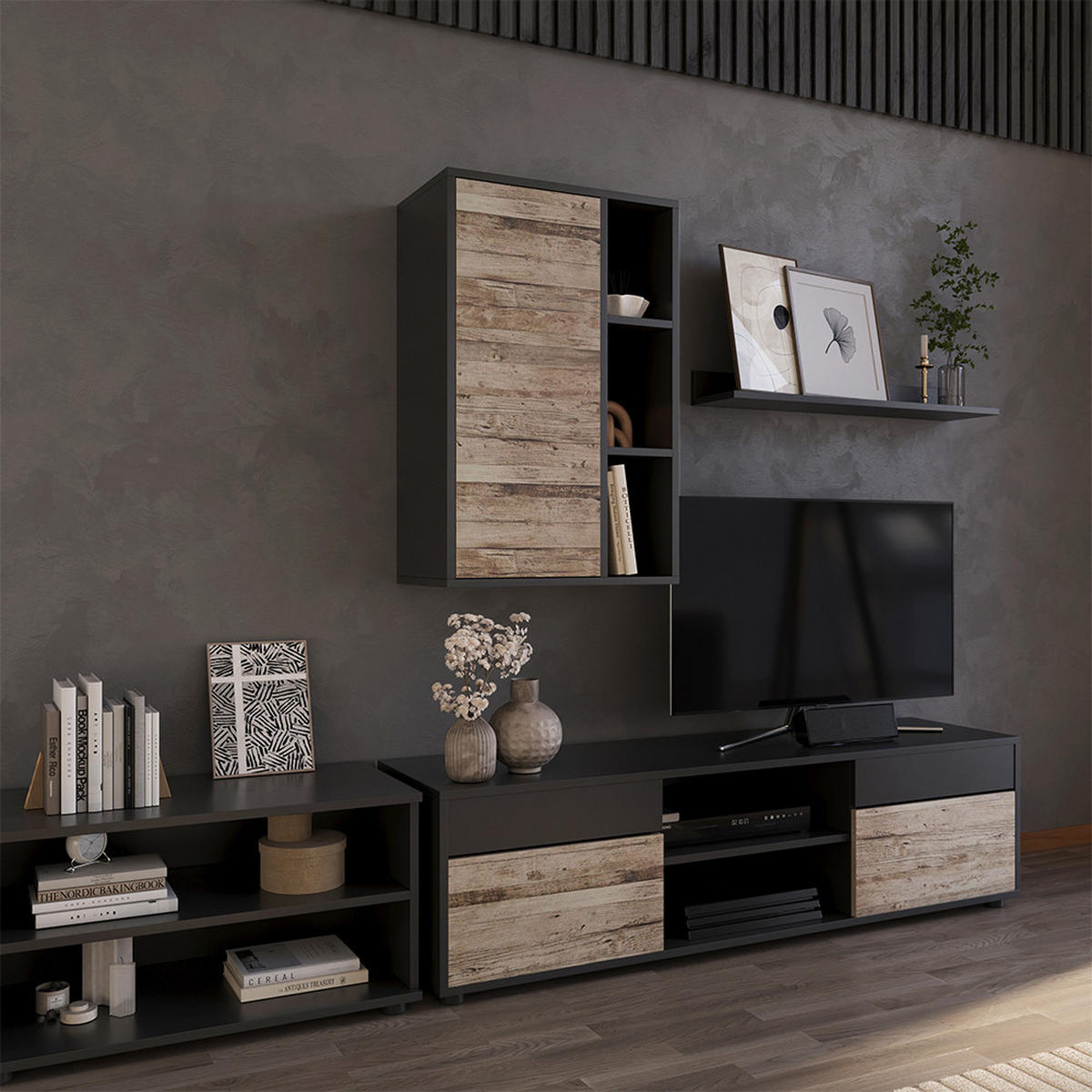 STĚNOVÁ POLICE Berno Černý/pískový dub - černá/Sonoma dub, kompozitní dřevo (50.1/78.4/28.3cm) - Vicco