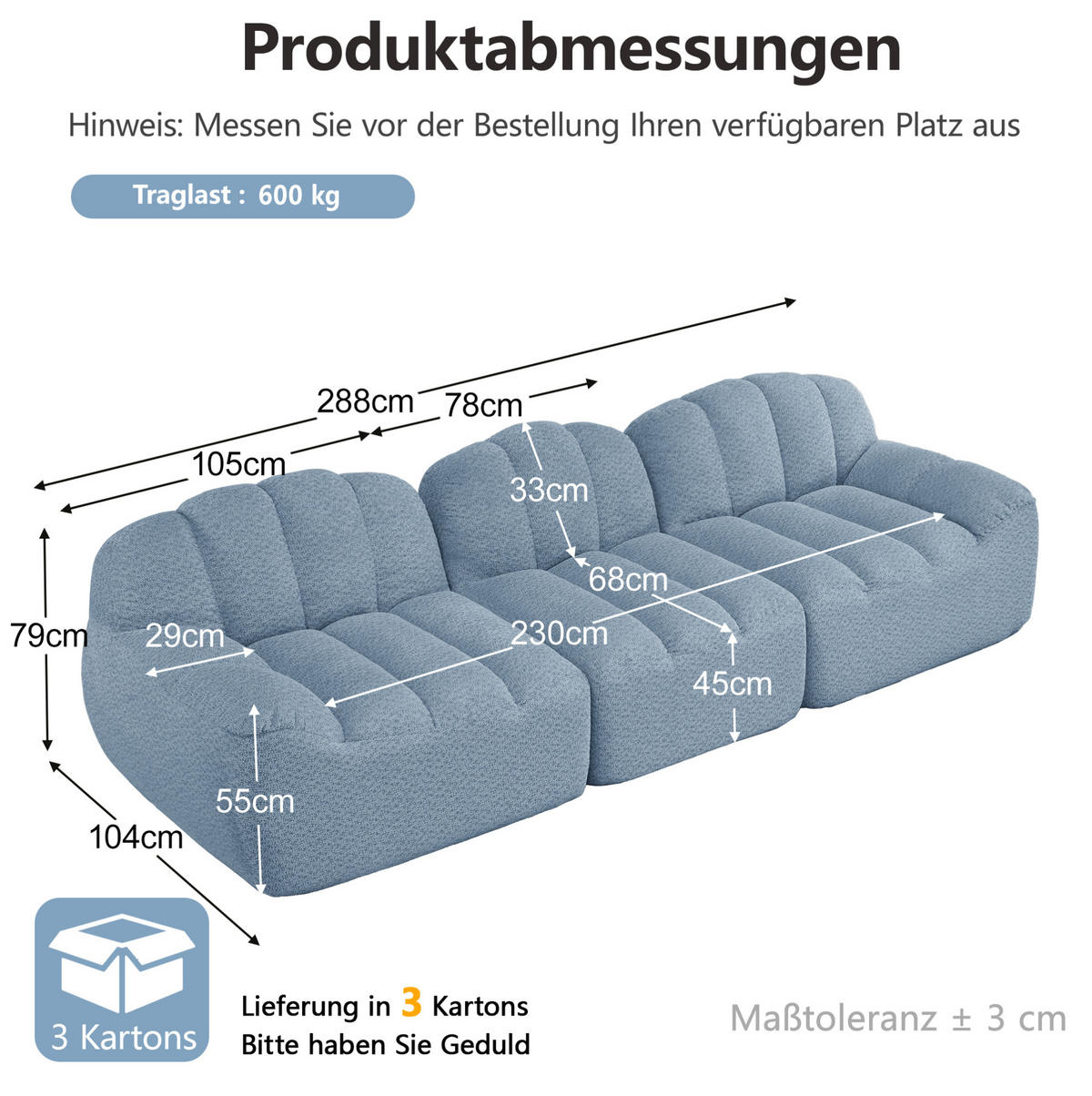 SOFA in Blau mit breiter Sitzfläche und weichem Fleecebezug - Blau, Textil (104/79/288cm) - Flora Grace