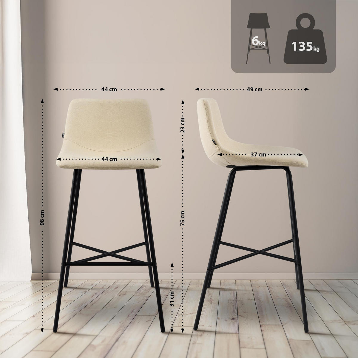 BARHOCKER Stoff Creme - Creme/Schwarz, Textil/Metall (44/98/49cm) - CLP