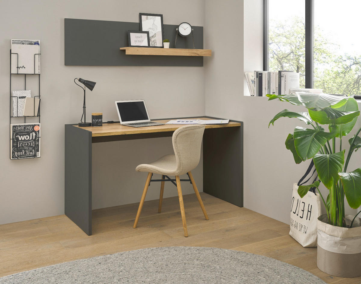 SCHREIBTISCHKOMBINATION 2-teilig grau matt, Eiche Wotan 143 cm, Büromöbel Set mit Wandregal - Eiche Wotan/Schwarz, Holzwerkstoff/Kunststoff (143/62/180cm) - Furn.Design