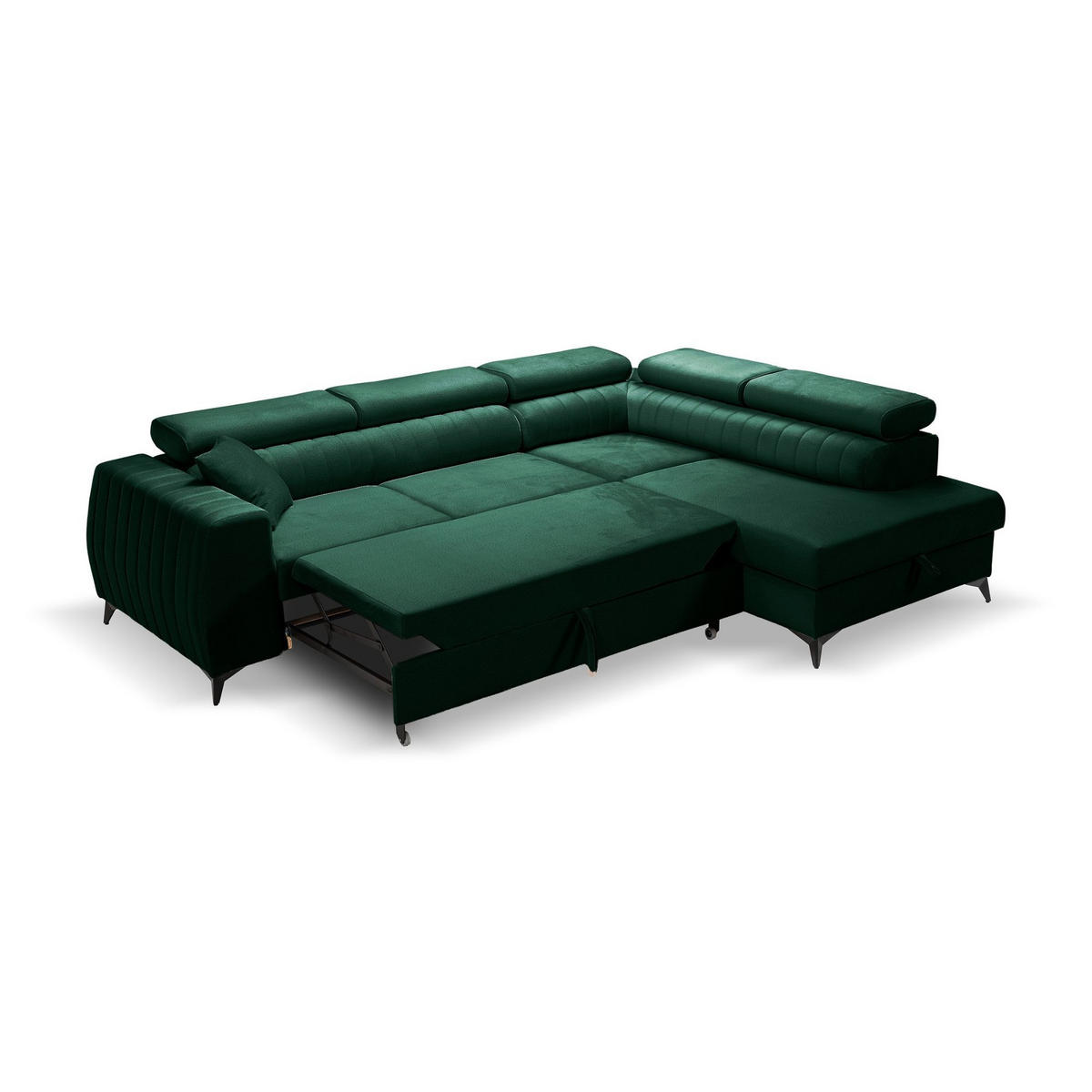 ECKSOFA PIERO L Rechts mit Schlaffunktion 195x125 Velours Dunkelgrün - Dunkelgrün/Schwarz, Holz/Textil (203/268cm) - Muffo