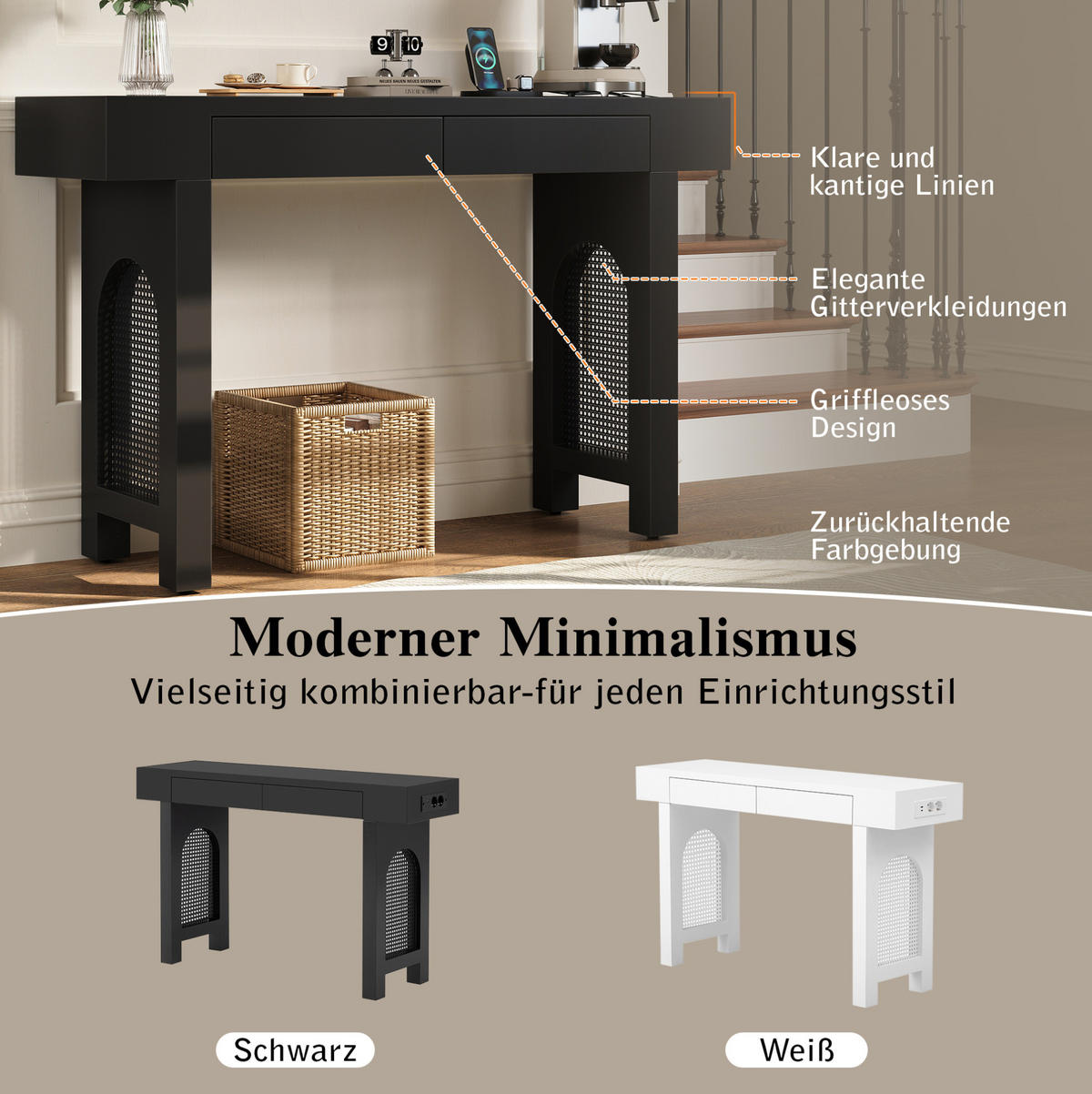 KONZOLOVÝ stolek z MDF 120x35,5x76,5 cm černý se 2 zásuvkami, USB, Type-C a nastavitelnými nožkami - černá, kompozitní dřevo (35.5/120/76.5cm) - Modfu