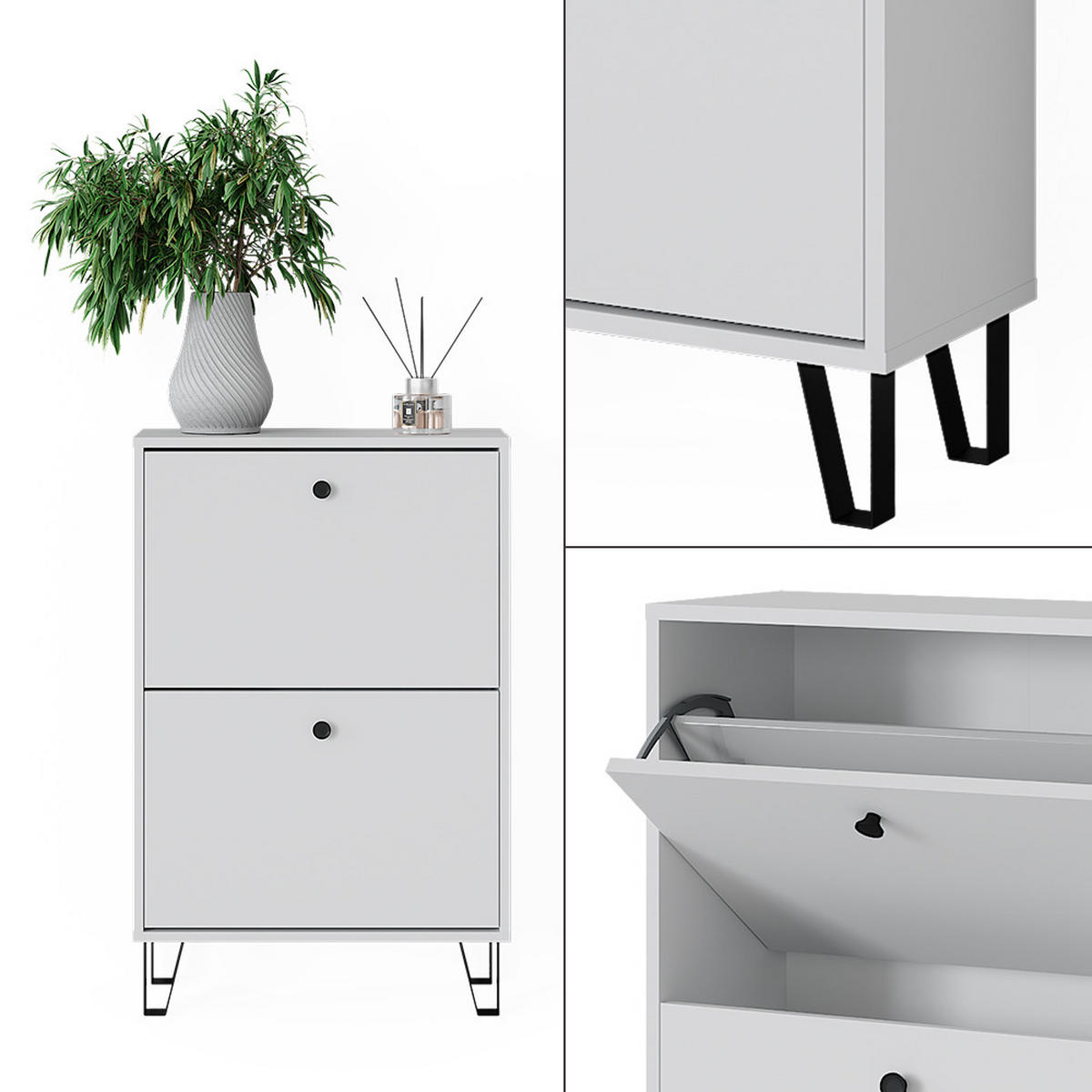 SCHUHKIPPER Siri Weiß 60 x 92 cm mit 2 Klappschubladen - Weiß, Holzwerkstoff (60/92/26cm) - Vicco