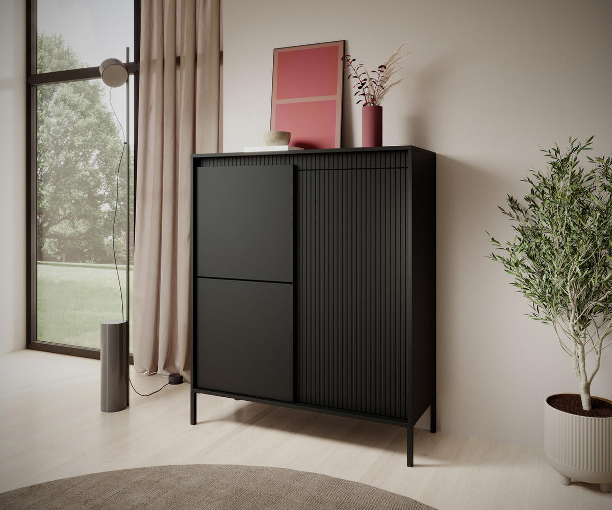 HIGHBOARD Trentinis 3T Schwarz 103,5/123,4/39,5 cm – Geriffelten Fronten - Schwarz, Holzwerkstoff/Metall (103.5/123.4/39.5cm) - AX Living