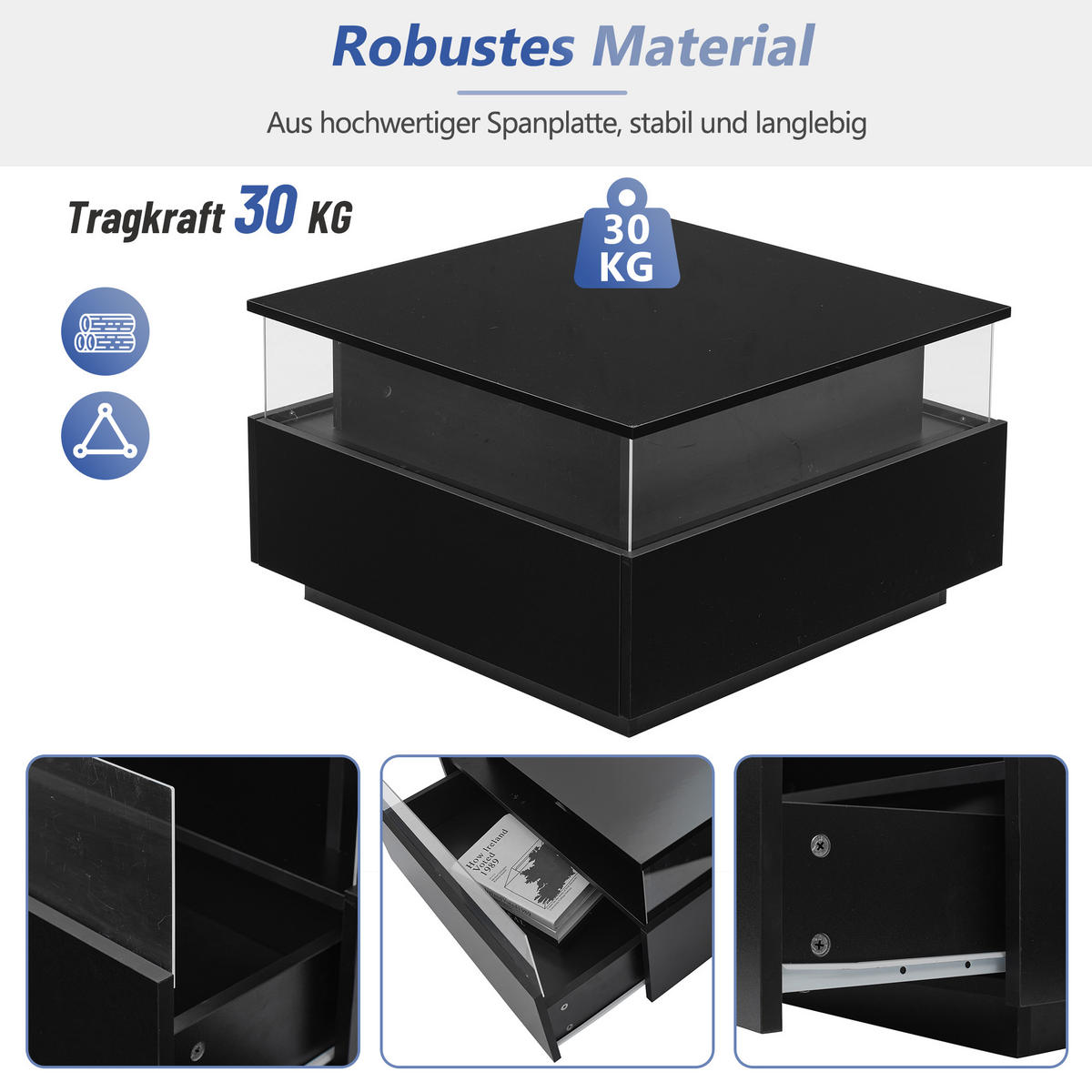 COUCHTISCH DE-033 LuxGlow Schwarz - Schwarz, Holzwerkstoff (70/70/41cm) - ComfortXL