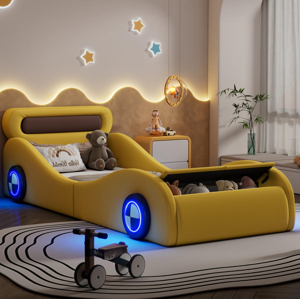 POLSTERBETT Auto 90/200 cm Gelb mit LED und Stauraum ohne Matratze - Gelb, Kunststoff (90/200cm) - MIVRAY