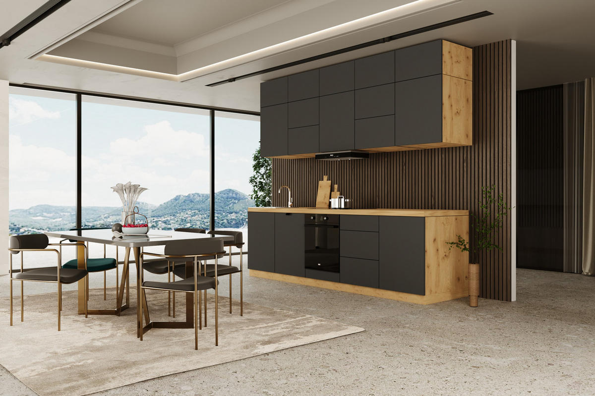 KÜCHENZEILE 300 cm - Langen KL13-M300 - in Grau / Matt - Grau, Holz (300/212/52cm)