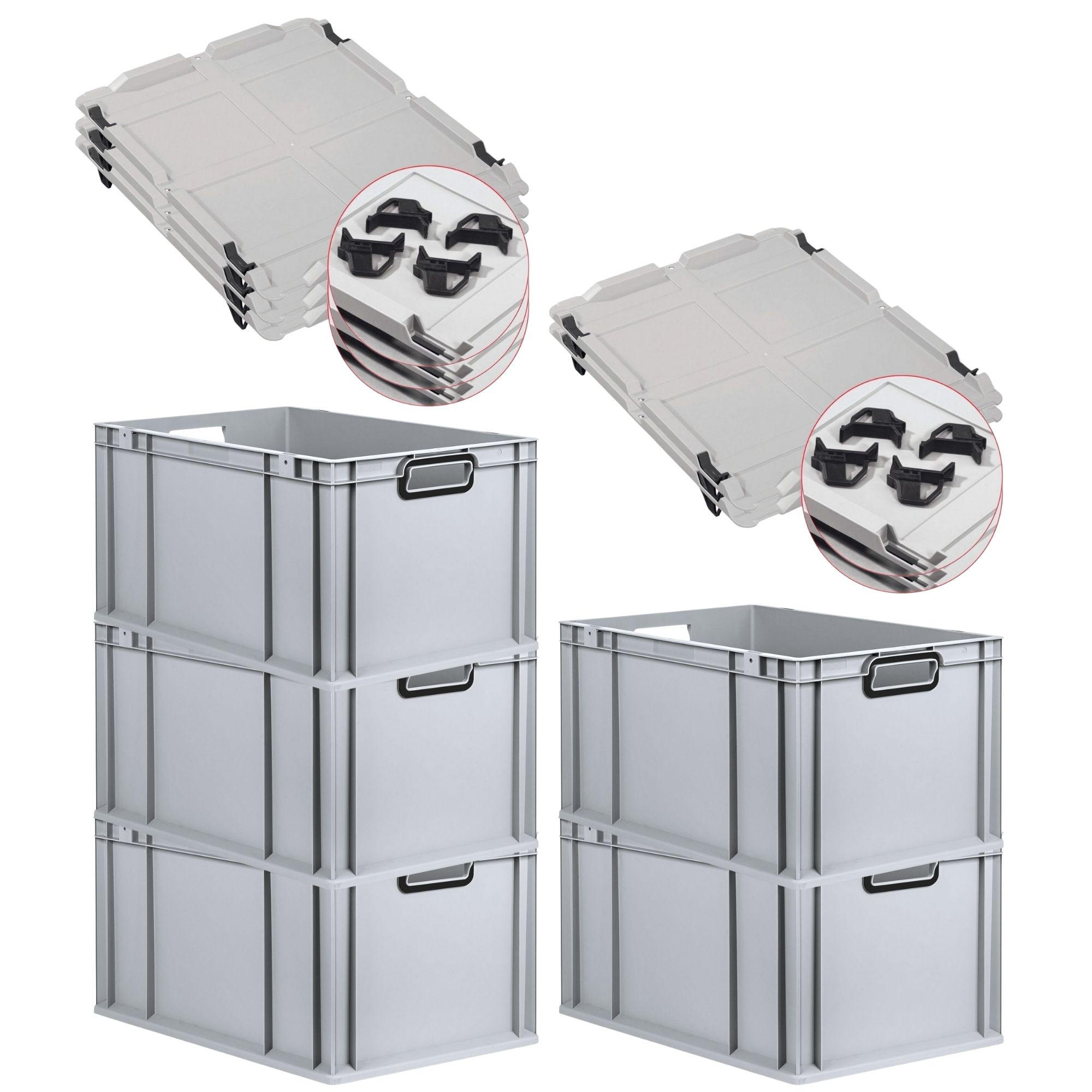 EUROBOX 5x NextGen Color mit Auflagedeckel 32x40x60 cm 65 Liter Grau Griffe schwarz offen - Schwarz/Grau, Kunststoff (40/32/60cm) - PROREGAL