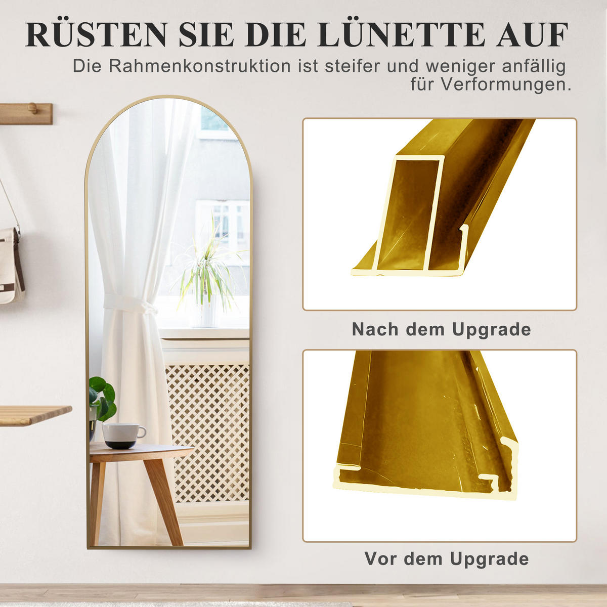 GANZKÖRPERSPIEGEL 54x164 cm, gebogener Aluminiumrahmen, mit explosionsgeschütztem Glas, freistehend oder Wandmontage in Gold - Goldfarben, Glas/Metall (54/2/164cm) - BRILVERDE