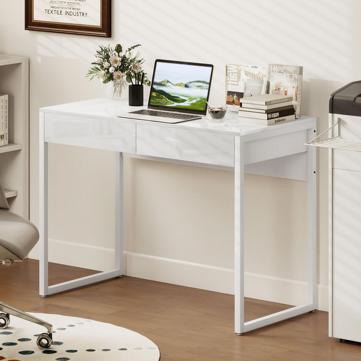 SCHREIBTISCH DE-14909 2 Schubladen mit Hochglanz-Finish Weiß - Weiß, Metall (100/50/75cm) - ComfortXL