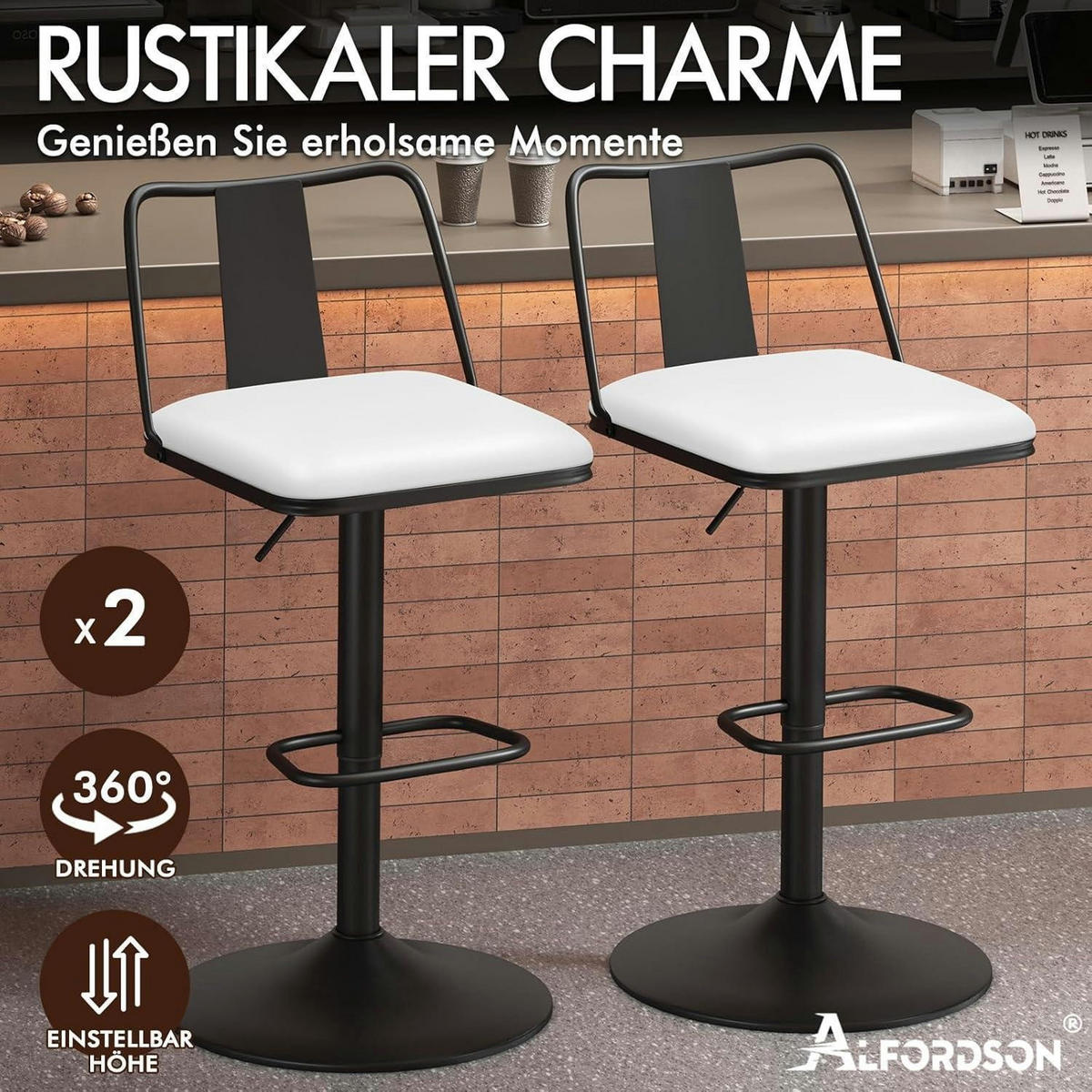 BARHOCKER 2-teiliges Set Weiß höhenverstellbar mit Rückenlehne und Fußstütze - Weiß, Kunststoff (43/102/43cm)