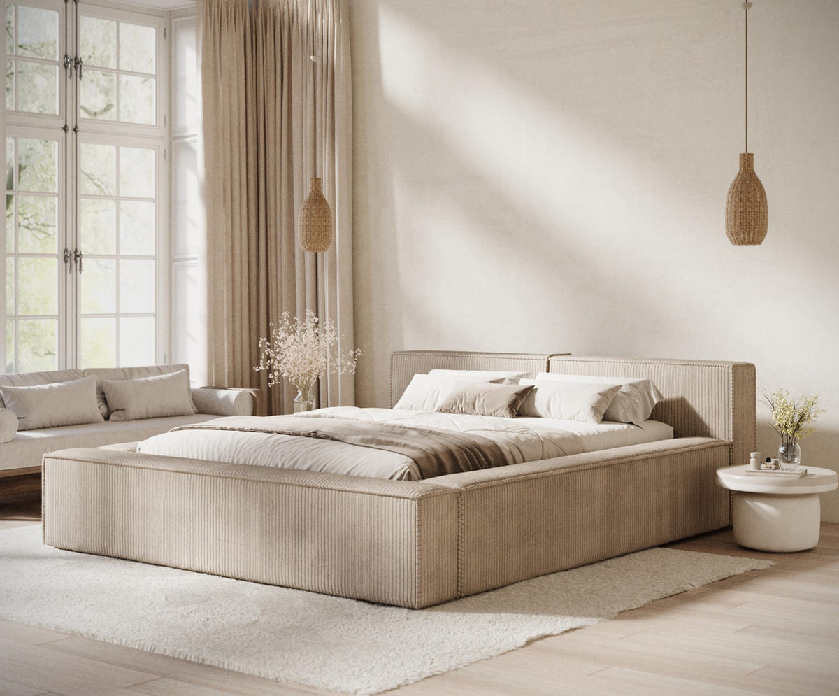 POLSTERBETT Voliera Beige 160/200 cm im Samtstoff - Birkefarben/Beige, Holz/Holzwerkstoff (160/200cm) - Maison de Reve
