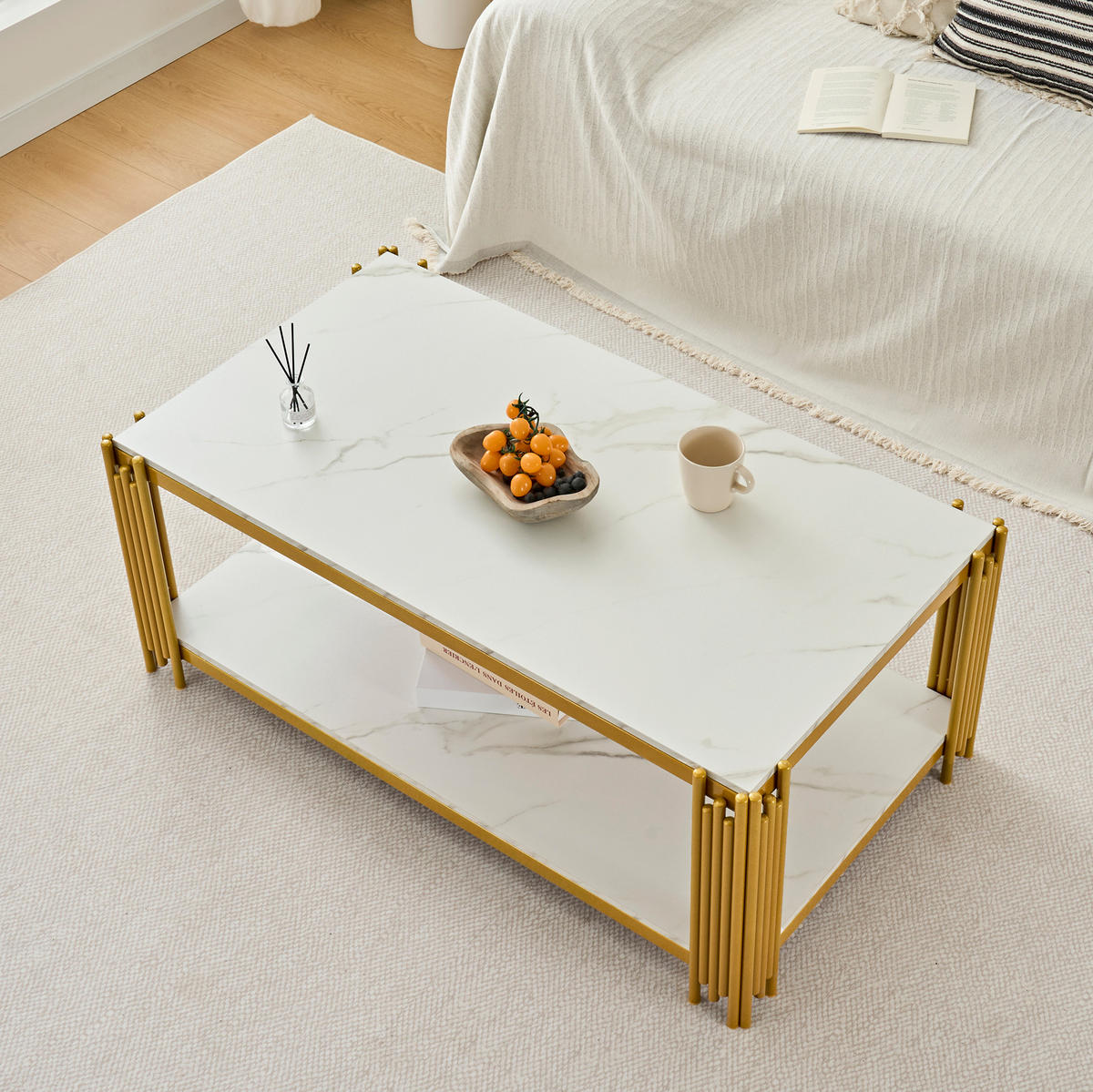 COUCHTISCH 114/64/46 cm in Weiß-Gold mit 2 Ablagen und Marmoroptik - Weiß, Holzwerkstoff (114/64/46cm) - Flora Grace