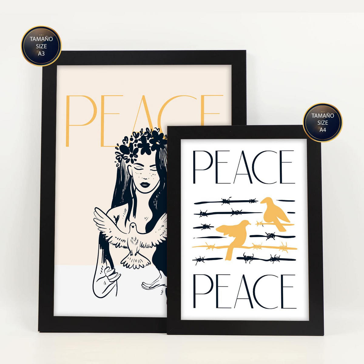 POSTER Set Mit 6 In Schwarzer Tinte Frieden Und Liebe Kunstdrucke Von Meer Und Ozean Für Innenarchitektur A3 & A4 Schwarzer Rahmen - Schwarz, Papier (29/3cm) - Nacnic