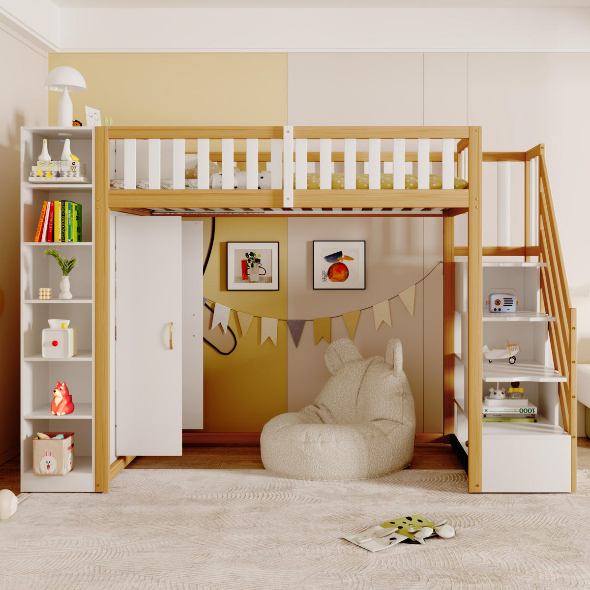 HOCHBETT 90/200 cm Weiß Naturholz mit Kleiderschrank Regalen und Stauraumleiter - Weiß, Holzwerkstoff (90/200cm) - OKWISH