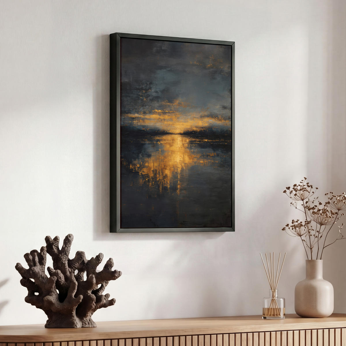 LEINWAND Bilder mit Rahmen - Goldene Reflexion auf dem Wasser - 30x40 - Anthrazit, Textil (30/40cm) - MuchoWow